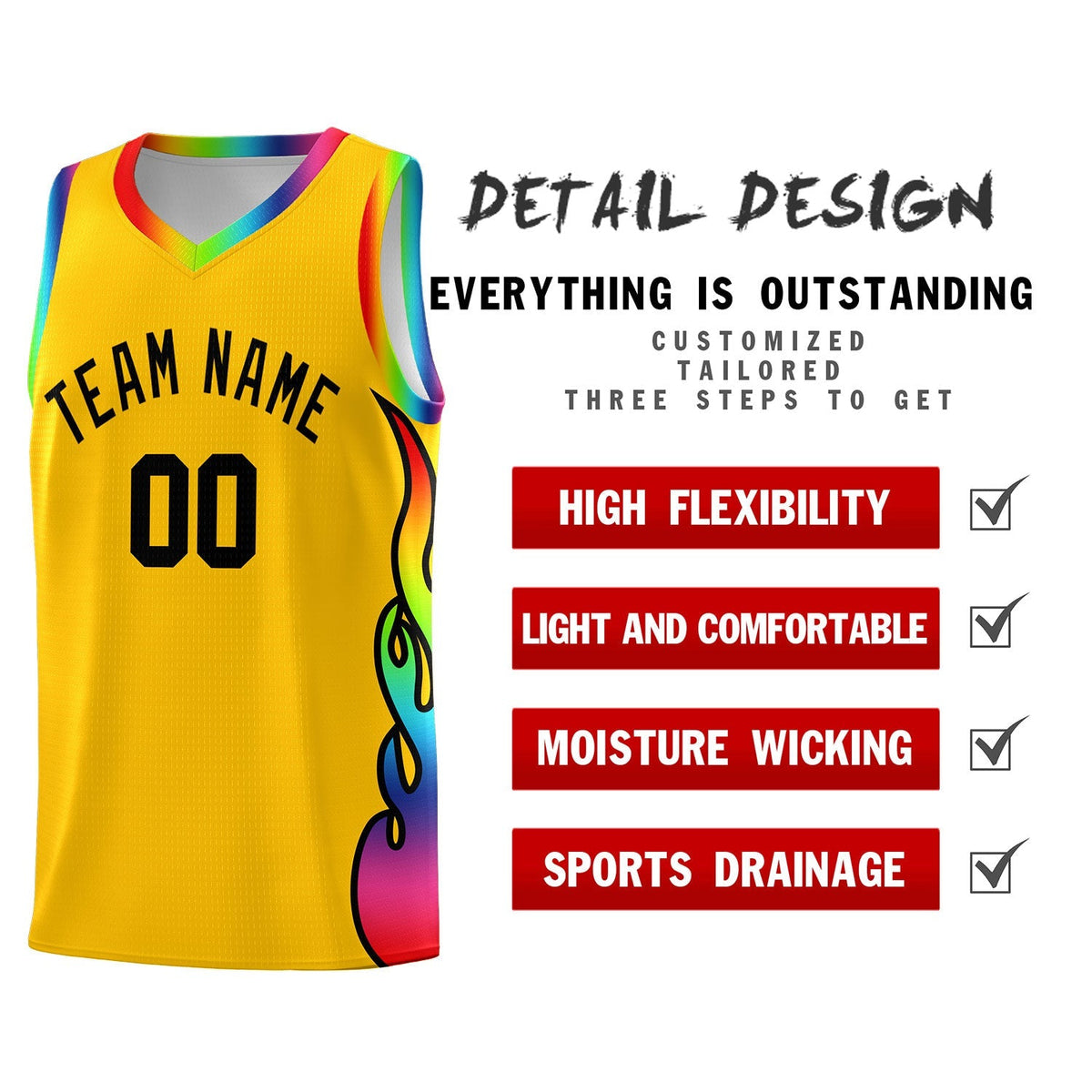 Custom Yellow Side Flame Pattern Fashion Sports Uniform Basketball Jersey|KXKSHOP