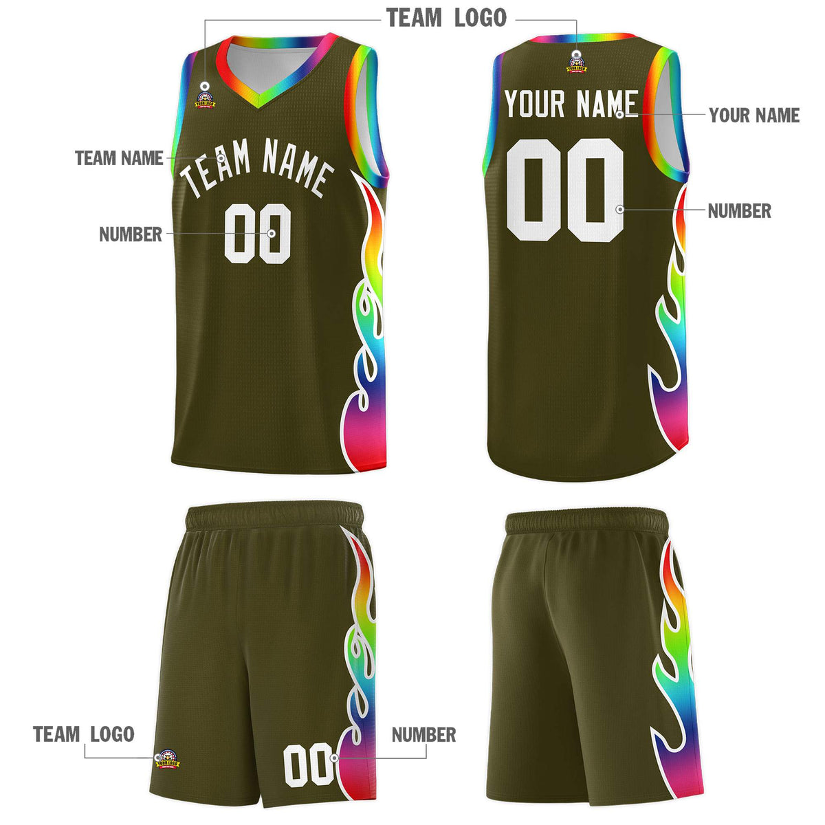 Custom Olive Side Flame Pattern Fashion Sports Uniform Basketball Jersey|KXKSHOP