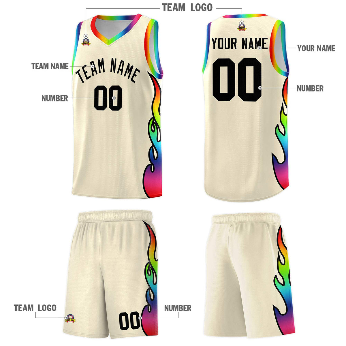 Custom Cream Side Flame Pattern Fashion Sports Uniform Basketball Jersey|KXKSHOP