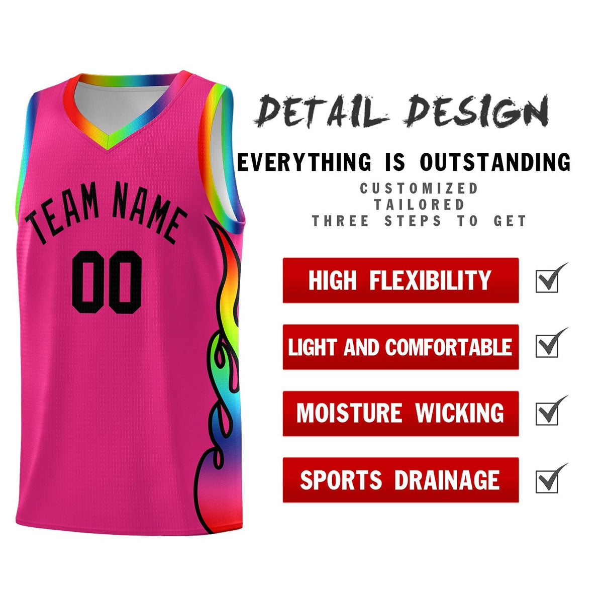 Custom Rose Red Side Flame Pattern Fashion Sports Uniform Basketball Jersey|KXKSHOP