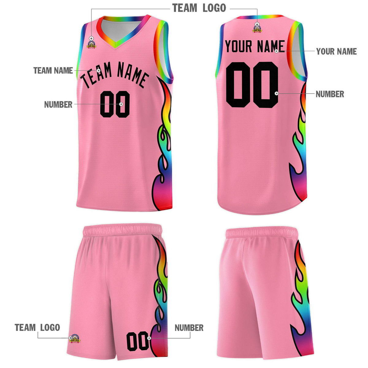 Custom Light Pink Side Flame Pattern Fashion Sports Uniform Basketball Jersey|KXKSHOP