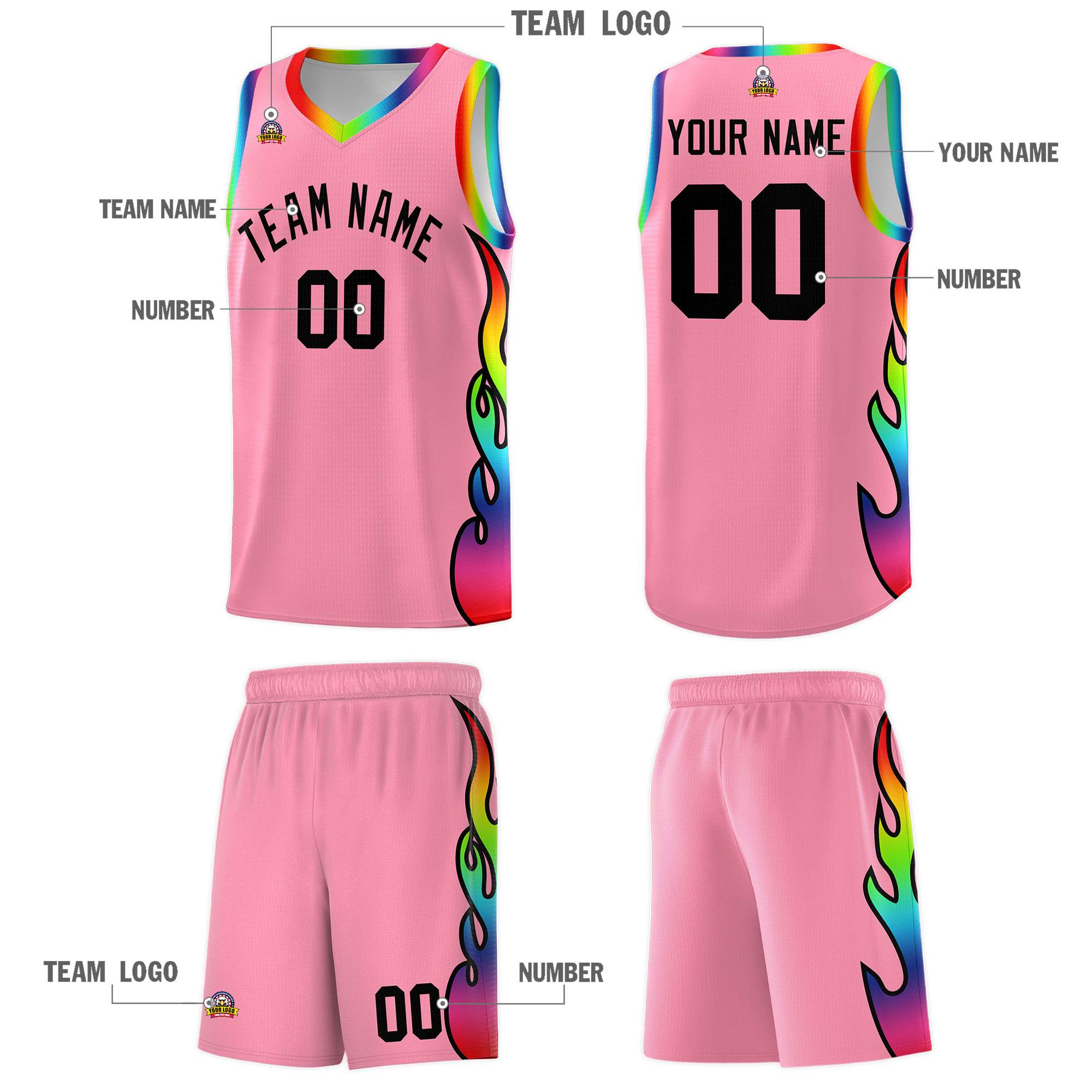 Custom Light Pink Side Flame Pattern Fashion Sports Uniform Basketball Jersey|KXKSHOP