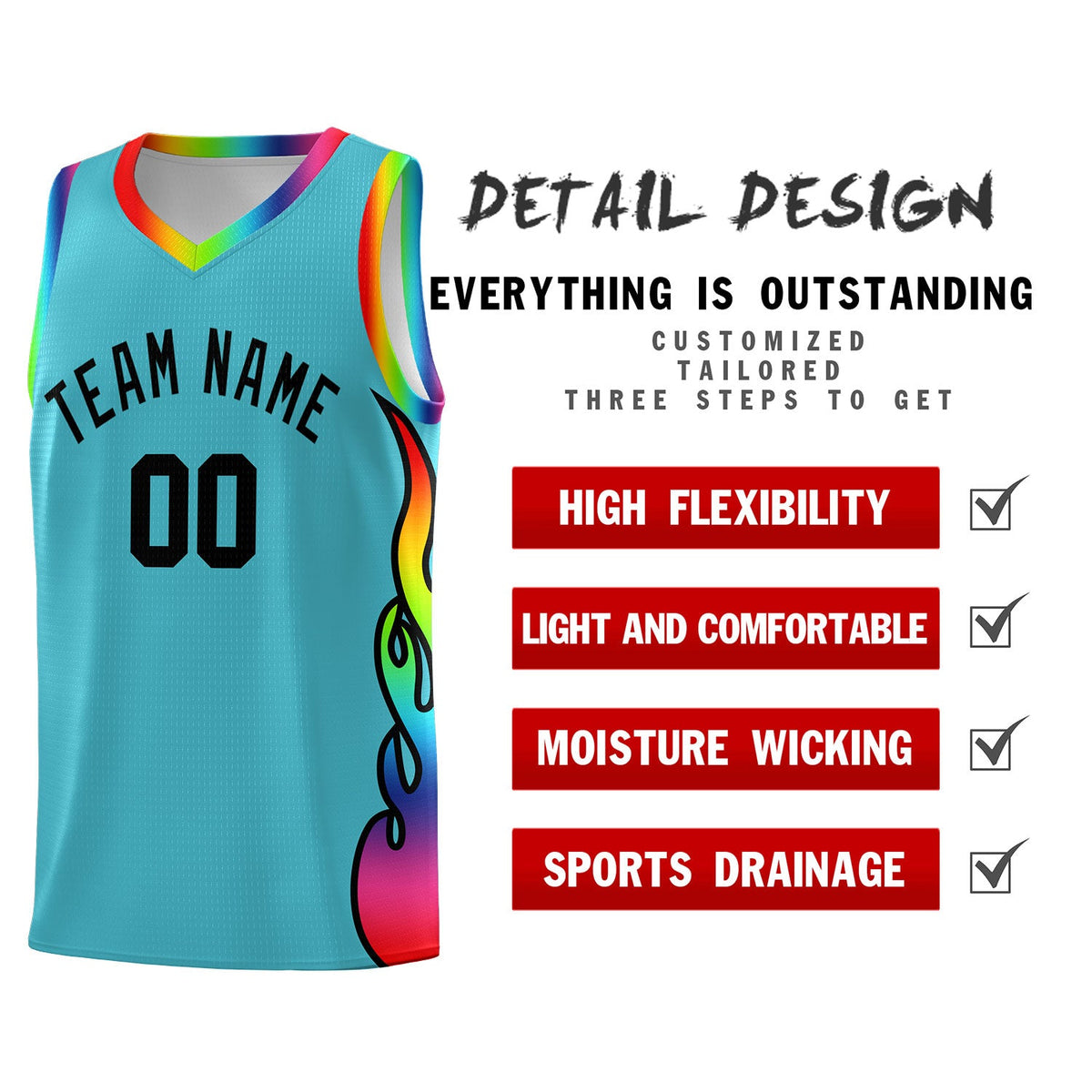 Custom Sky Blue Side Flame Pattern Fashion Sports Uniform Basketball Jersey|KXKSHOP