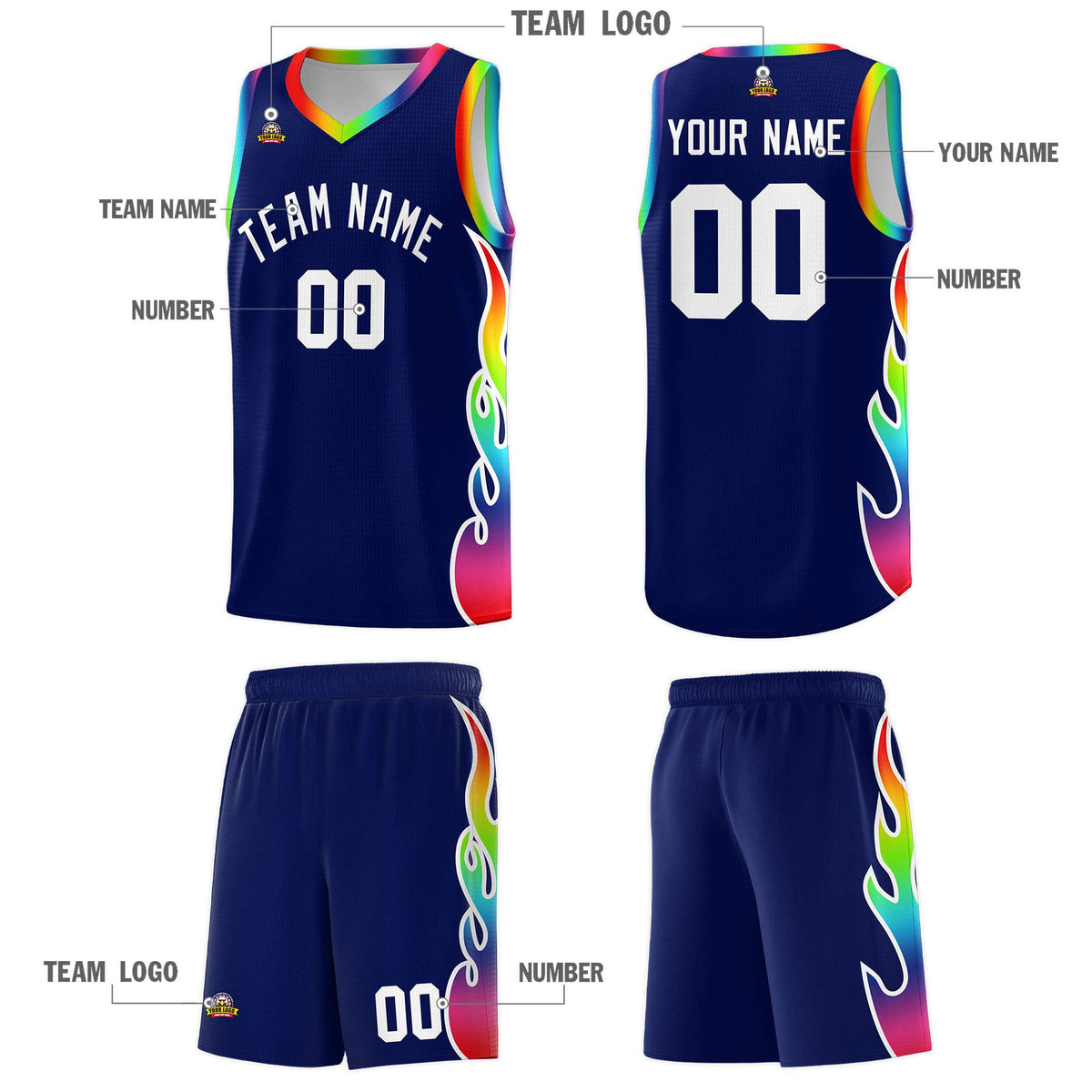 Custom Navy Side Flame Pattern Fashion Sports Uniform Basketball Jersey|KXKSHOP