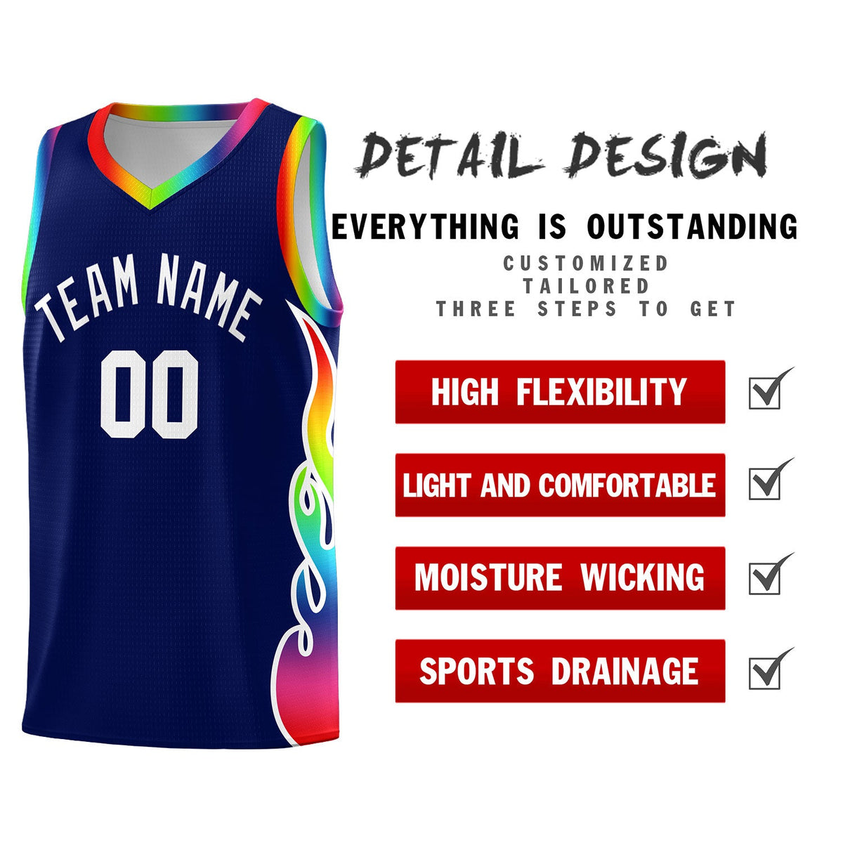 Custom Navy Side Flame Pattern Fashion Sports Uniform Basketball Jersey|KXKSHOP