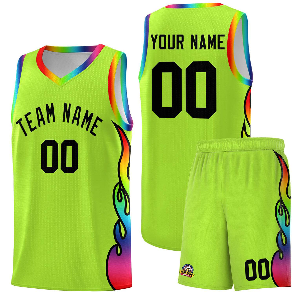Custom Neon Green Side Flame Pattern Fashion Sports Uniform Basketball Jersey|KXKSHOP