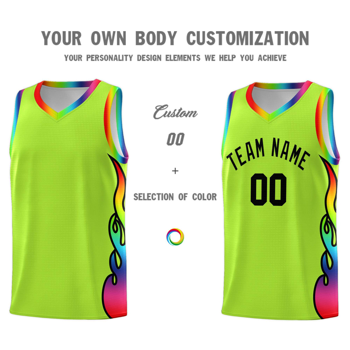 Custom Neon Green Side Flame Pattern Fashion Sports Uniform Basketball Jersey|KXKSHOP