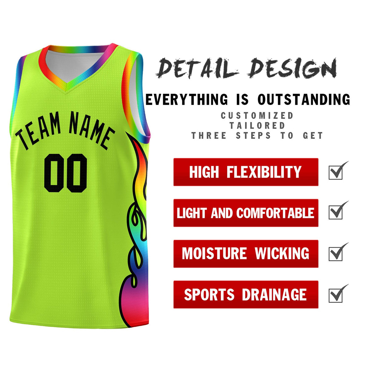 Custom Neon Green Side Flame Pattern Fashion Sports Uniform Basketball Jersey|KXKSHOP