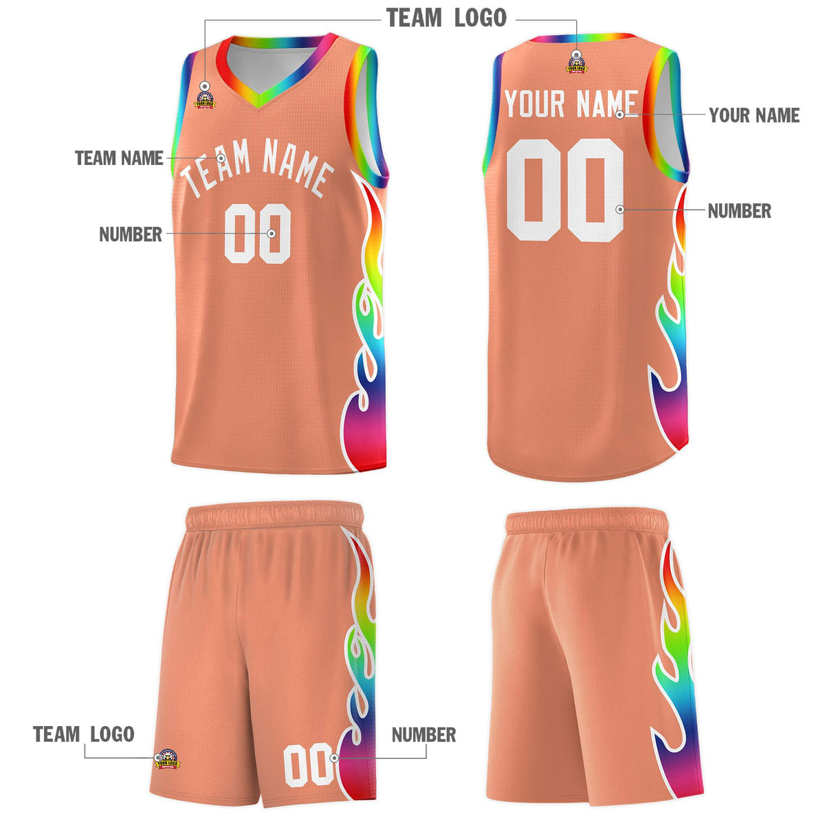 Custom Light Orange Side Flame Pattern Fashion Sports Uniform Basketball Jersey|KXKSHOP