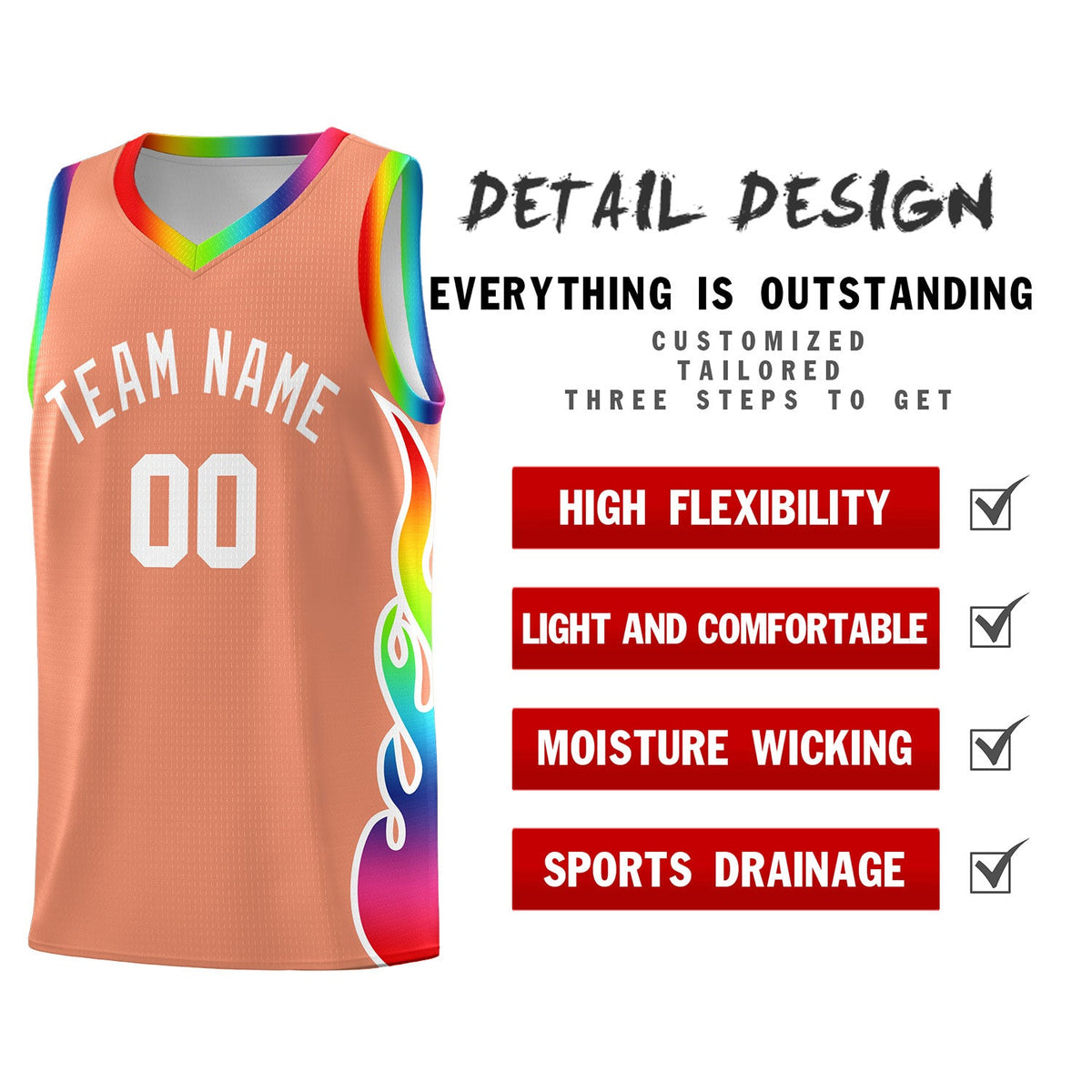 Custom Light Orange Side Flame Pattern Fashion Sports Uniform Basketball Jersey|KXKSHOP
