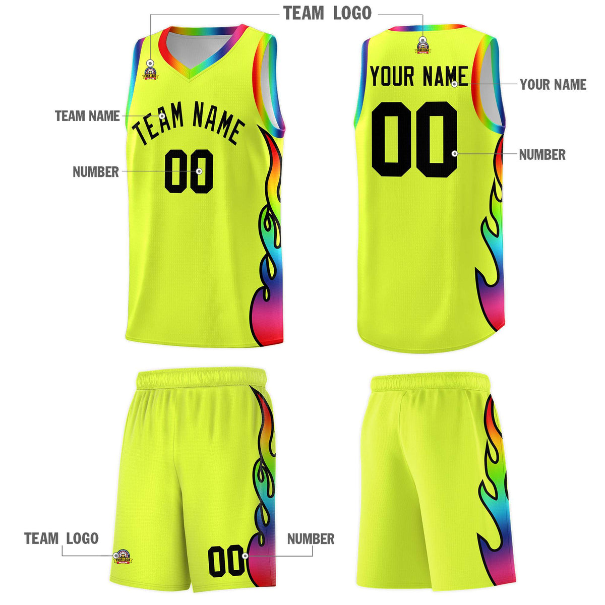 Custom Fluorescent Green Side Flame Pattern Fashion Sports Uniform Basketball Jersey|KXKSHOP