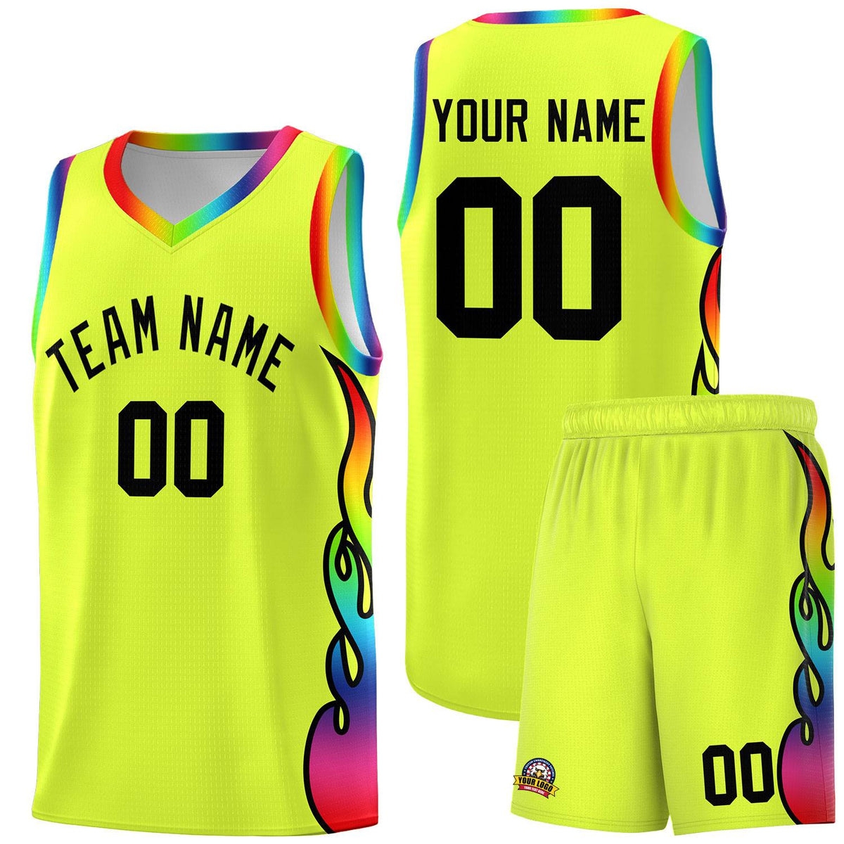 Custom Fluorescent Green Side Flame Pattern Fashion Sports Uniform Basketball Jersey|KXKSHOP