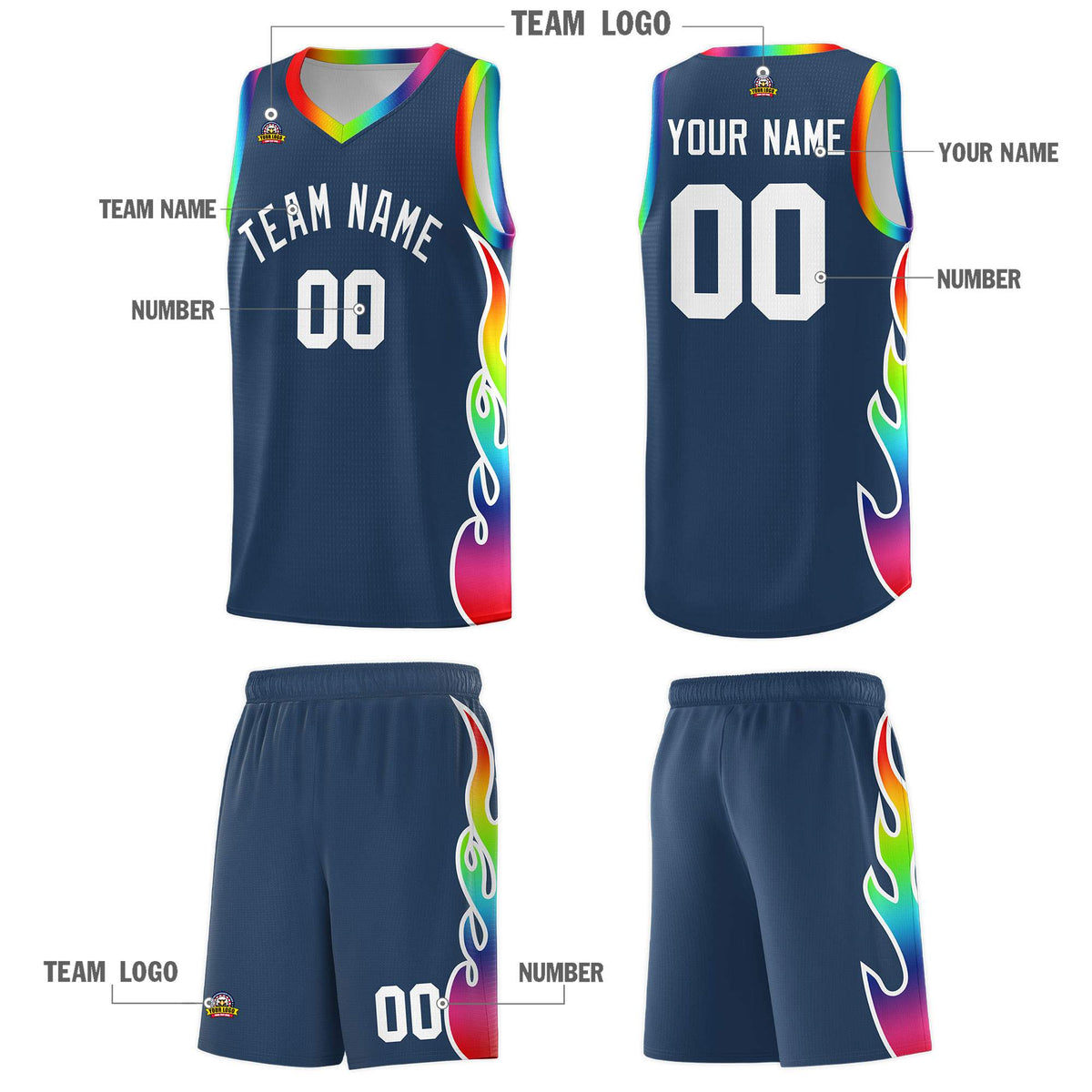 Custom Midnight Blue Side Flame Pattern Fashion Sports Uniform Basketball Jersey|KXKSHOP
