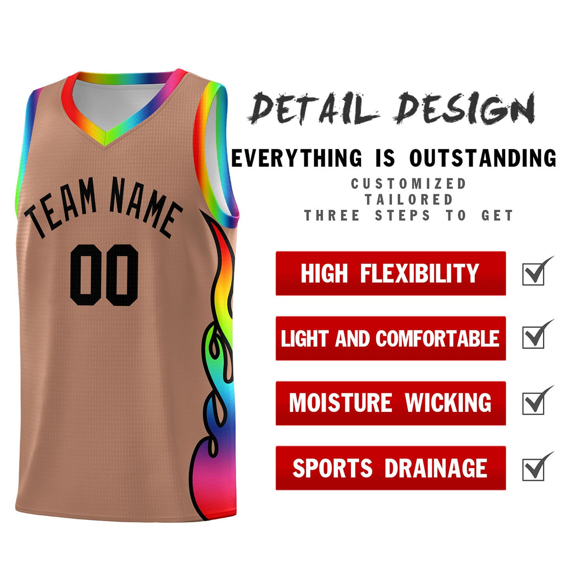 Custom Light Brown Side Flame Pattern Fashion Sports Uniform Basketball Jersey|KXKSHOP