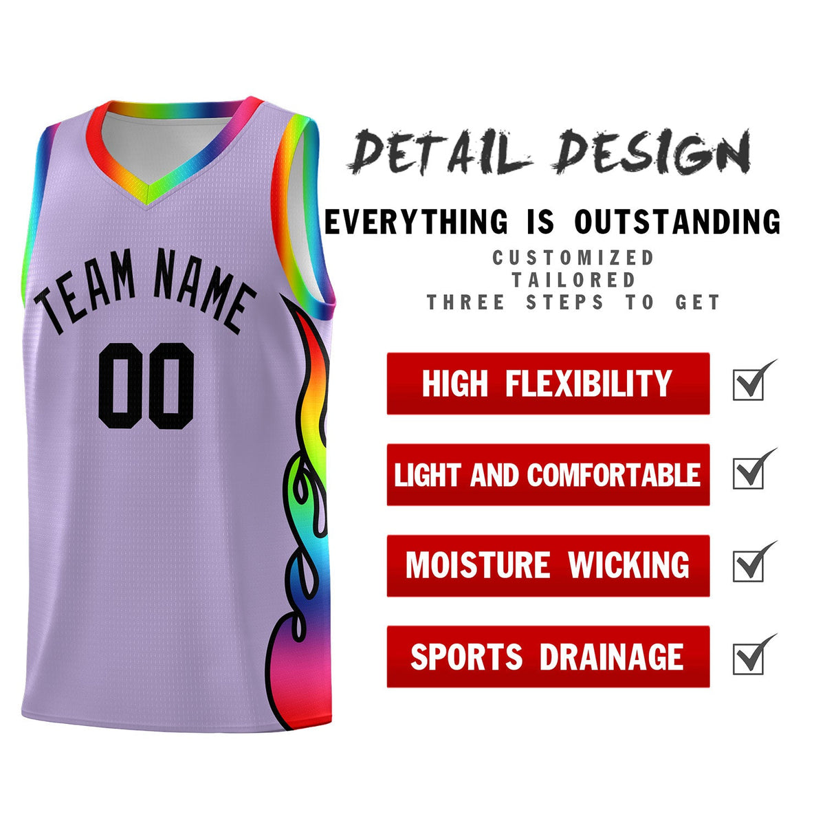Custom Light Purple Side Flame Pattern Fashion Sports Uniform Basketball Jersey|KXKSHOP