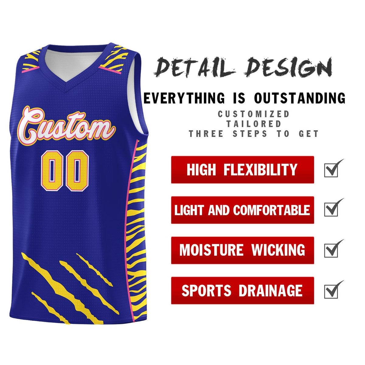 Custom Royal Personalized Tiger Claw Pattern Sports Uniform Basketball Jersey