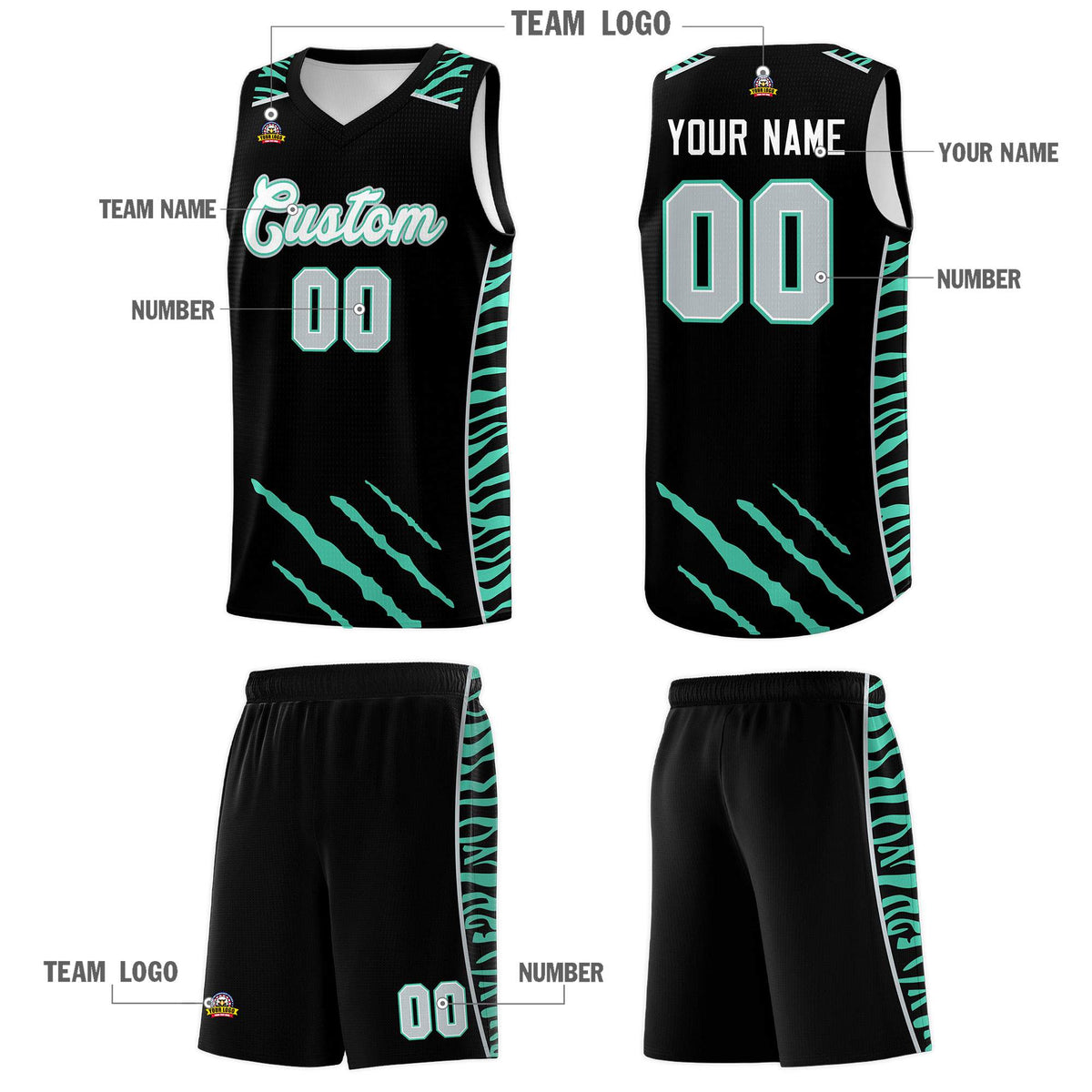 Custom Black Personalized Tiger Claw Pattern Sports Uniform Basketball Jersey