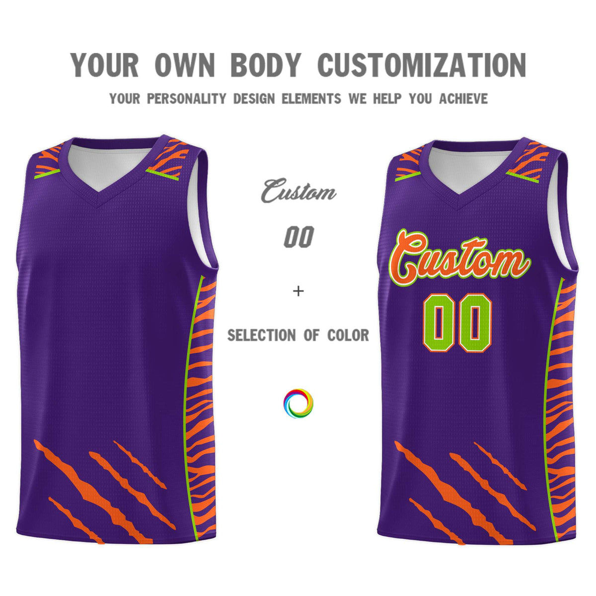 Custom Purple Personalized Tiger Claw Pattern Sports Uniform Basketball Jersey
