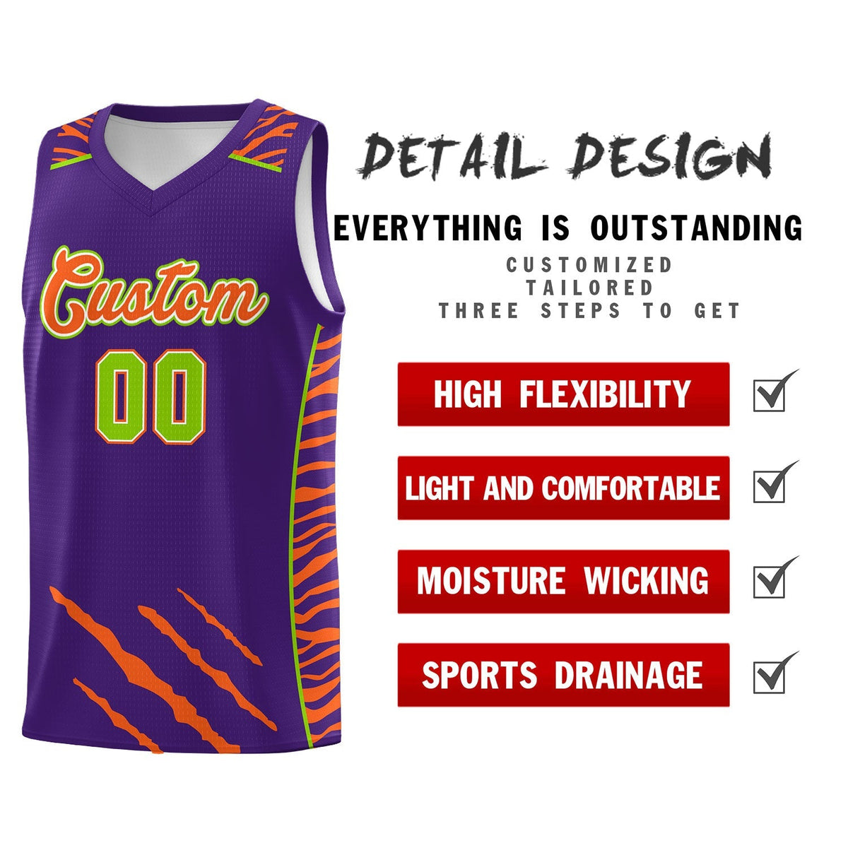 Custom Purple Personalized Tiger Claw Pattern Sports Uniform Basketball Jersey