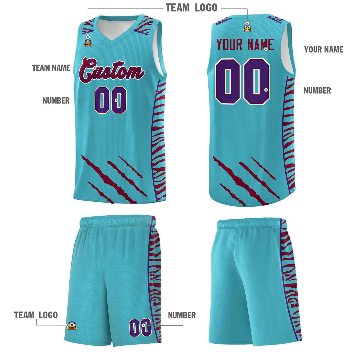 Custom Sky Blue Personalized Tiger Claw Pattern Sports Uniform Basketball Jersey