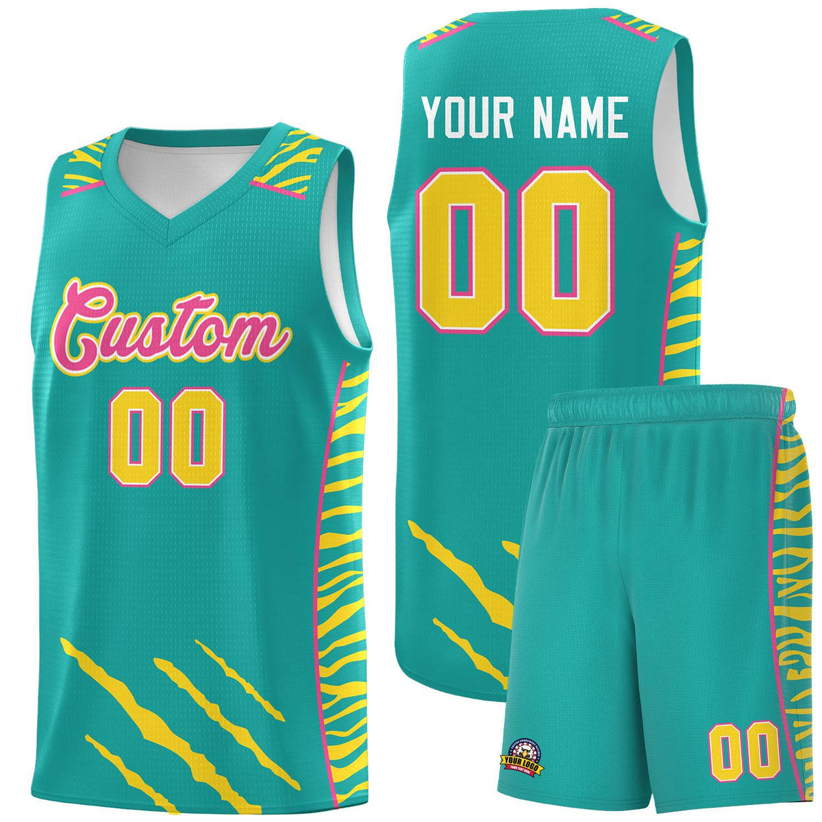 Custom Aqua Personalized Tiger Claw Pattern Sports Uniform Basketball Jersey