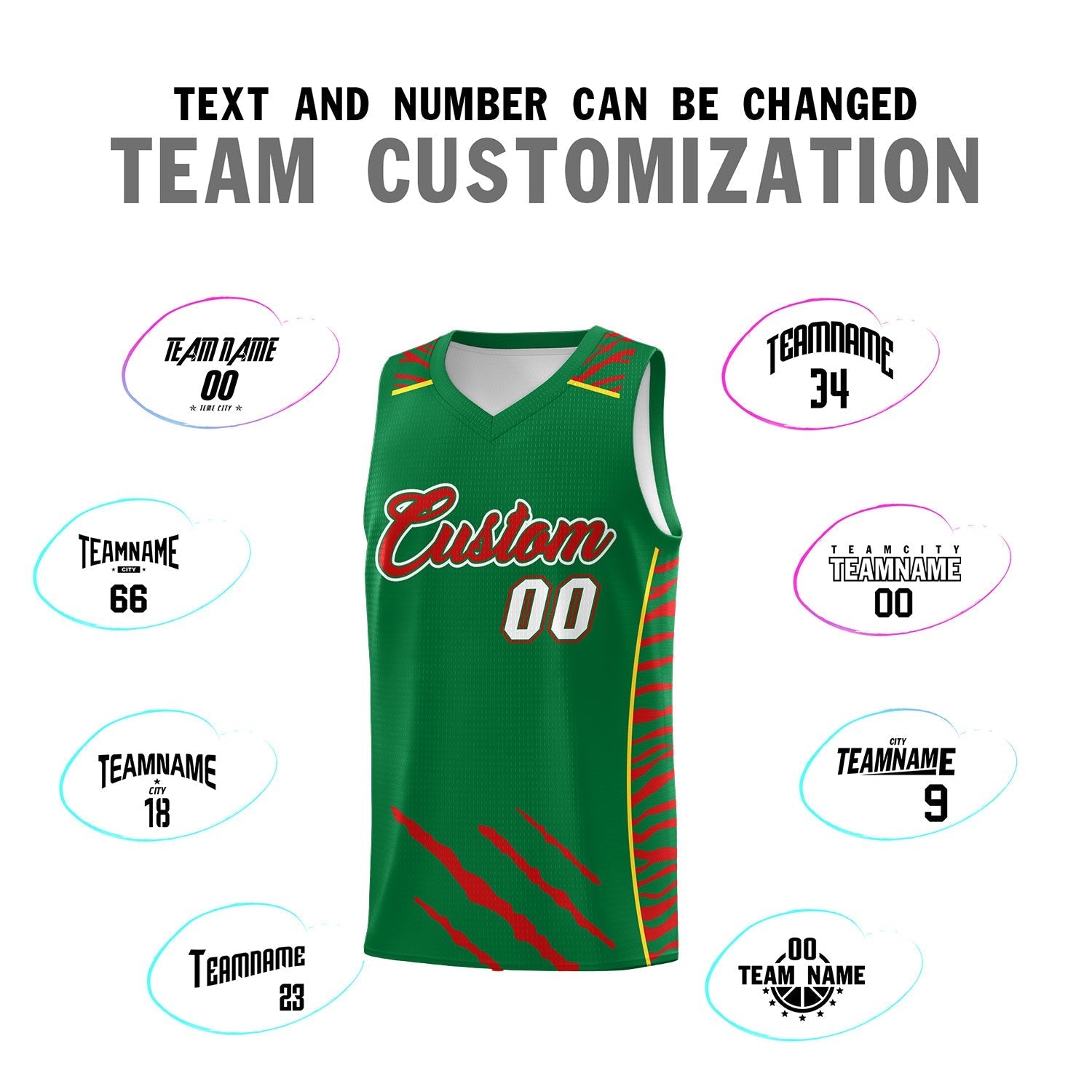 Custom Kelly Green Personalized Tiger Claw Pattern Sports Uniform Basketball Jersey