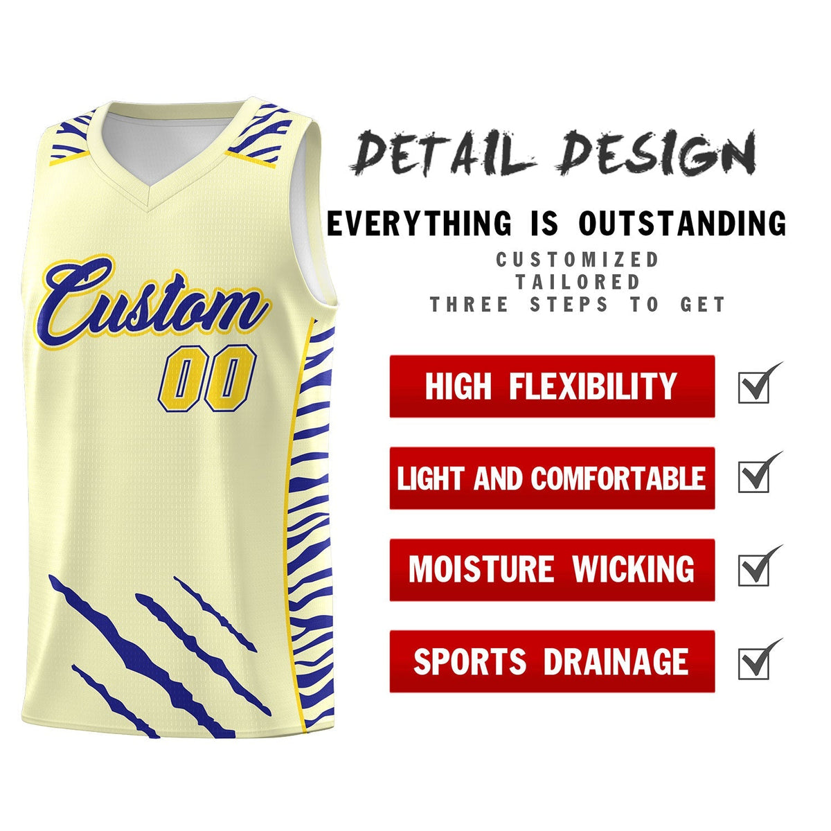 Custom Cream Personalized Tiger Claw Pattern Sports Uniform Basketball Jersey