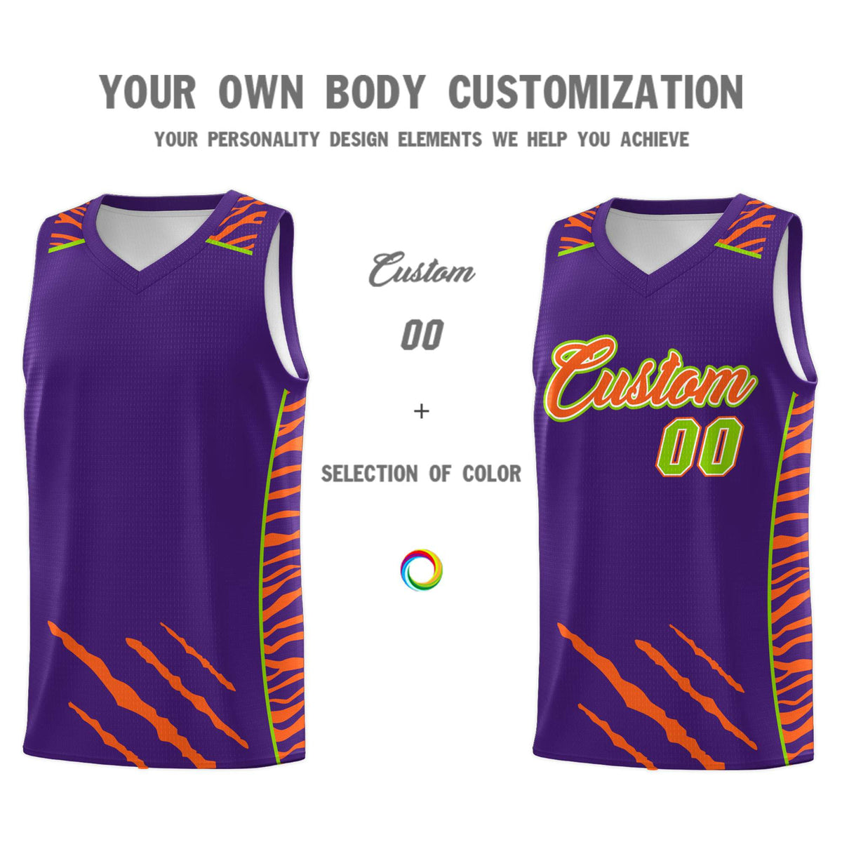 Custom Purple Personalized Tiger Claw Pattern Sports Uniform Basketball Jersey