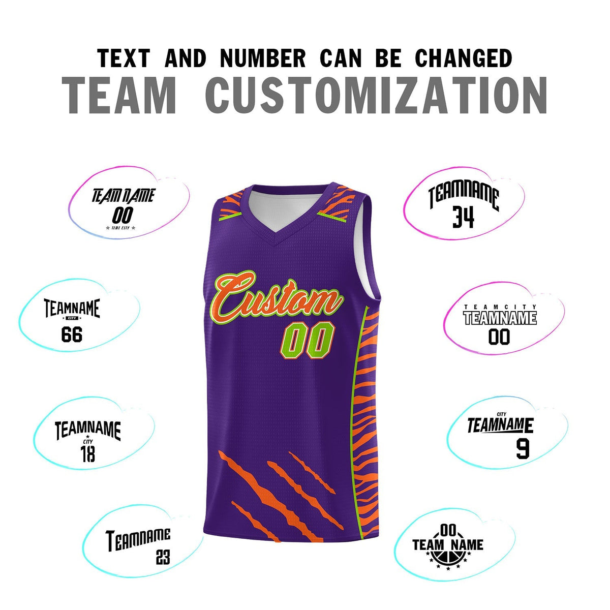 Custom Purple Personalized Tiger Claw Pattern Sports Uniform Basketball Jersey