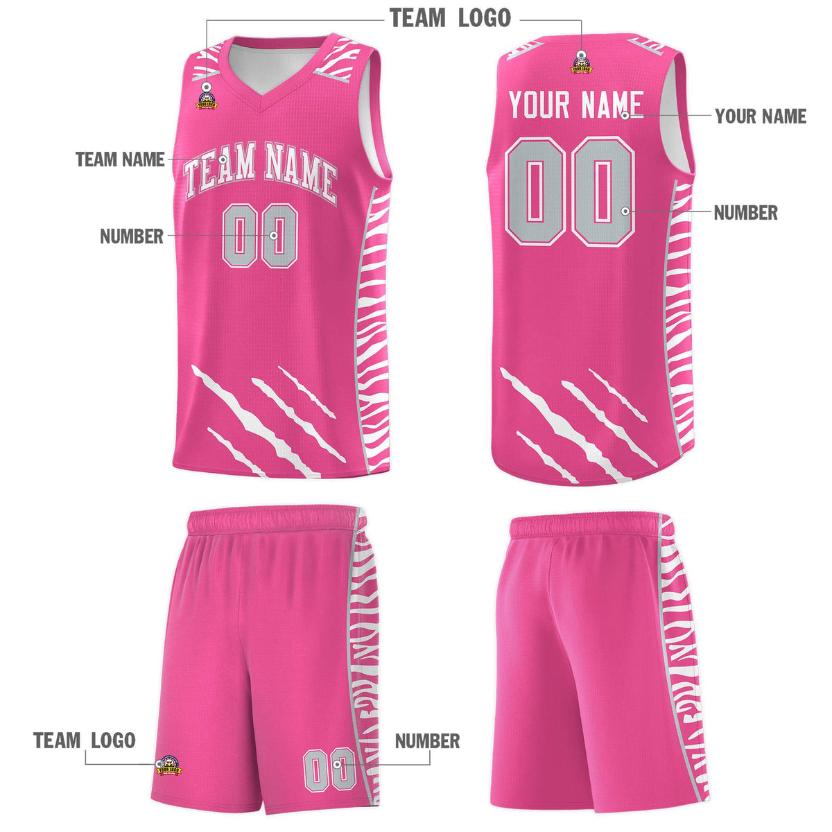 Custom Pink Personalized Tiger Claw Pattern Sports Uniform Basketball Jersey