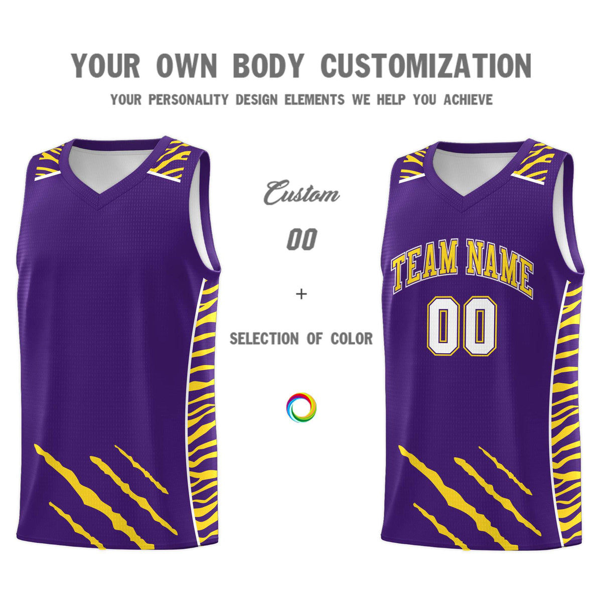 Custom Purple Personalized Tiger Claw Pattern Sports Uniform Basketball Jersey