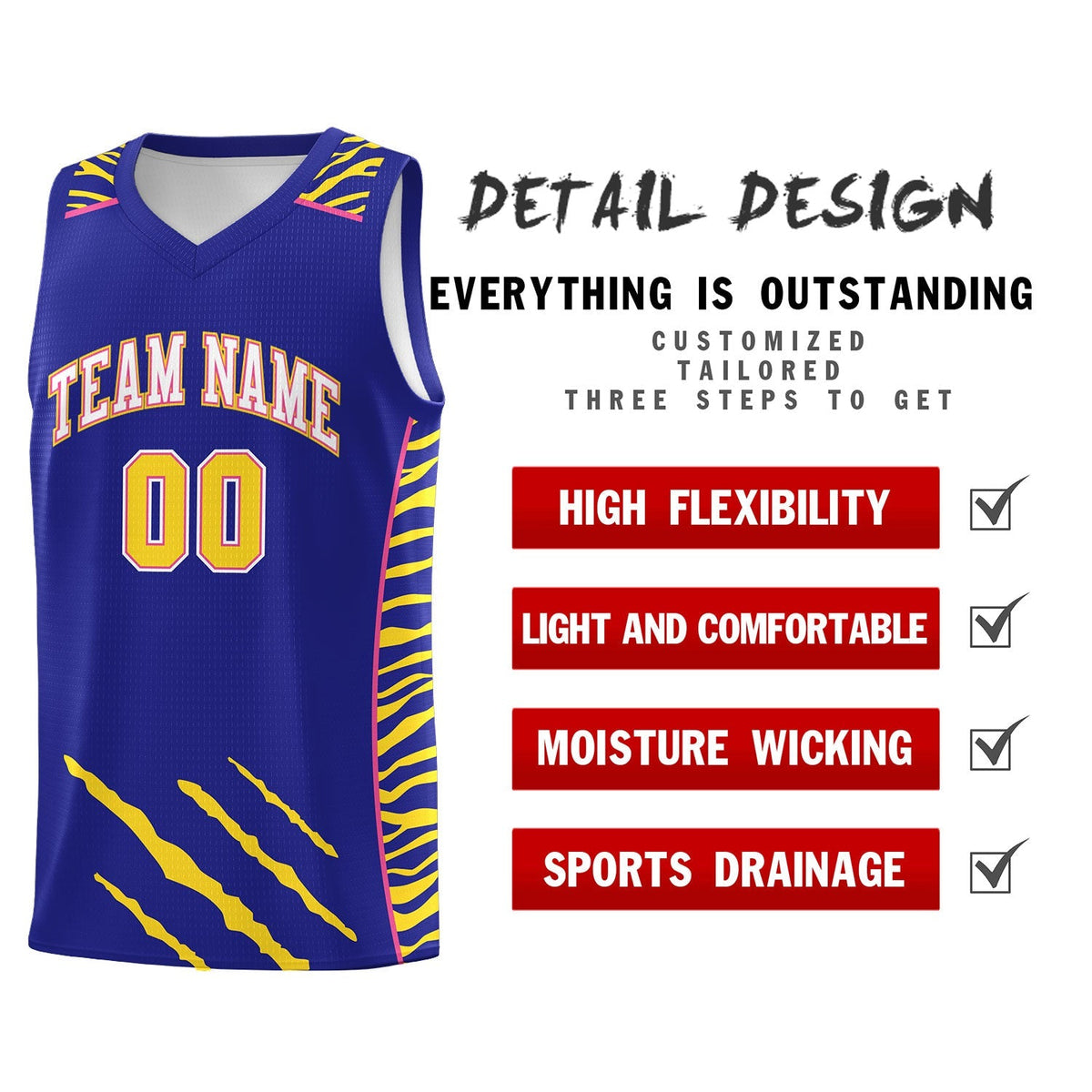 Custom Royal Personalized Tiger Claw Pattern Sports Uniform Basketball Jersey