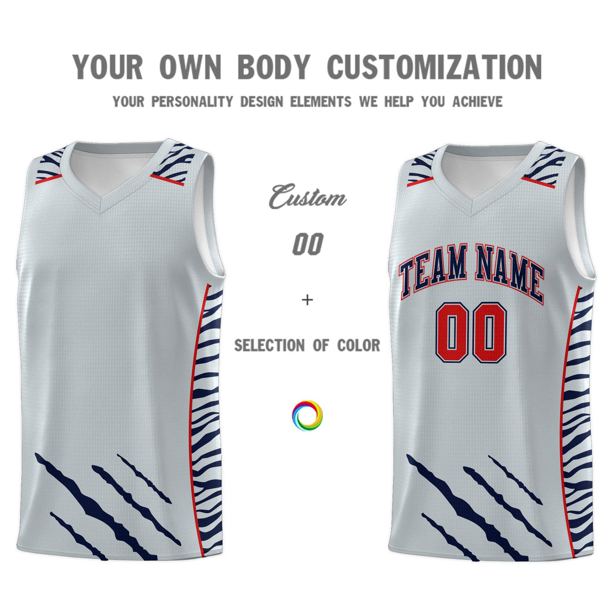 Custom Silver Personalized Tiger Claw Pattern Sports Uniform Basketball Jersey