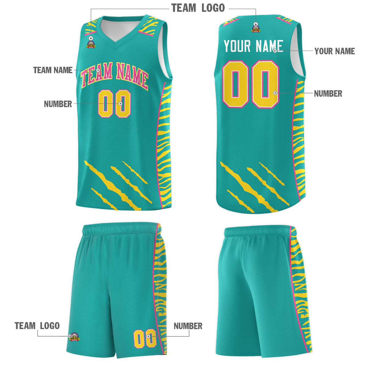 Custom Aqua Personalized Tiger Claw Pattern Sports Uniform Basketball Jersey