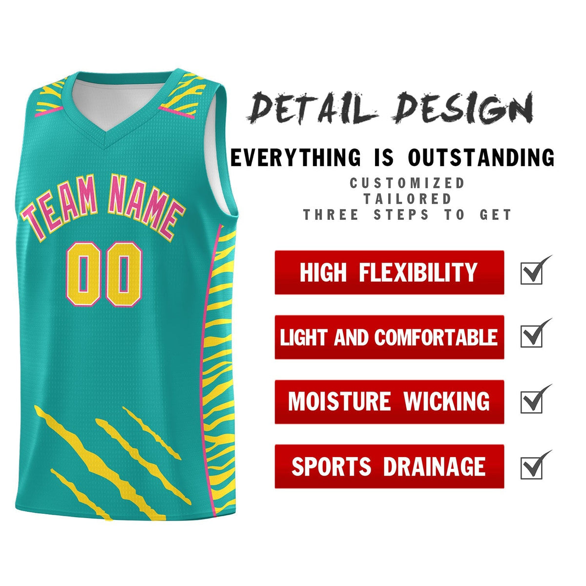 Custom Aqua Personalized Tiger Claw Pattern Sports Uniform Basketball Jersey