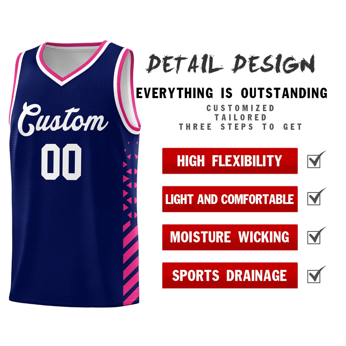 Custom Navy Rose Red White Side Diamond Shapes Stripes Basketball Jersey | For Men,Sublimation Printed,Perfect for Teams,Perfect for Coaches | KXKSHOP