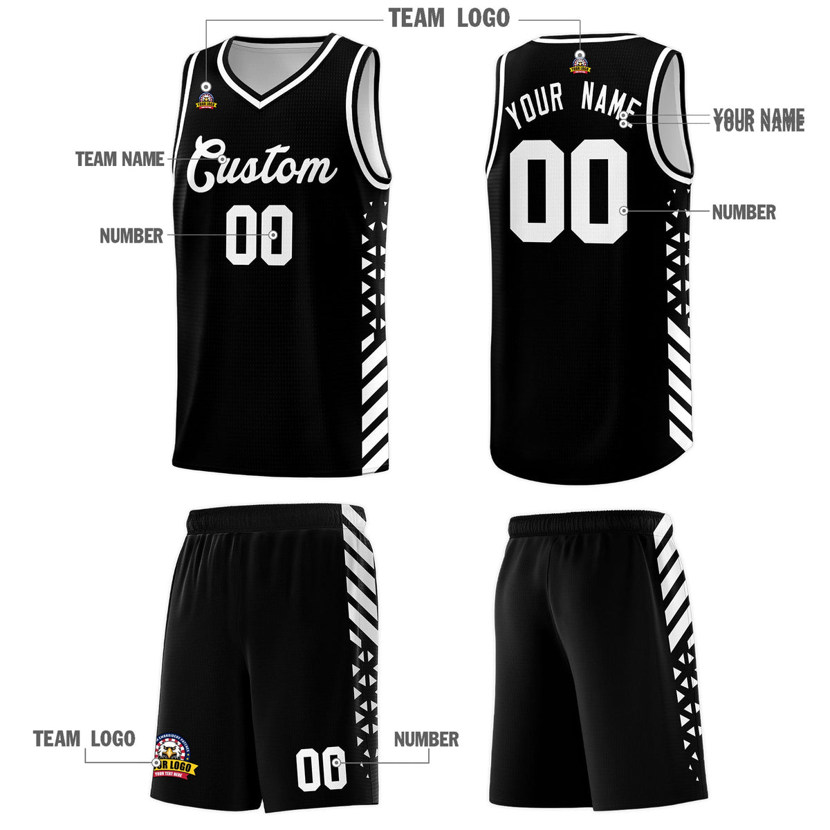 Custom Black White Side Diamond Shapes Stripes Basketball Jersey | For Men,Sublimation Printed,Perfect for Teams,Perfect for Coaches | KXKSHOP