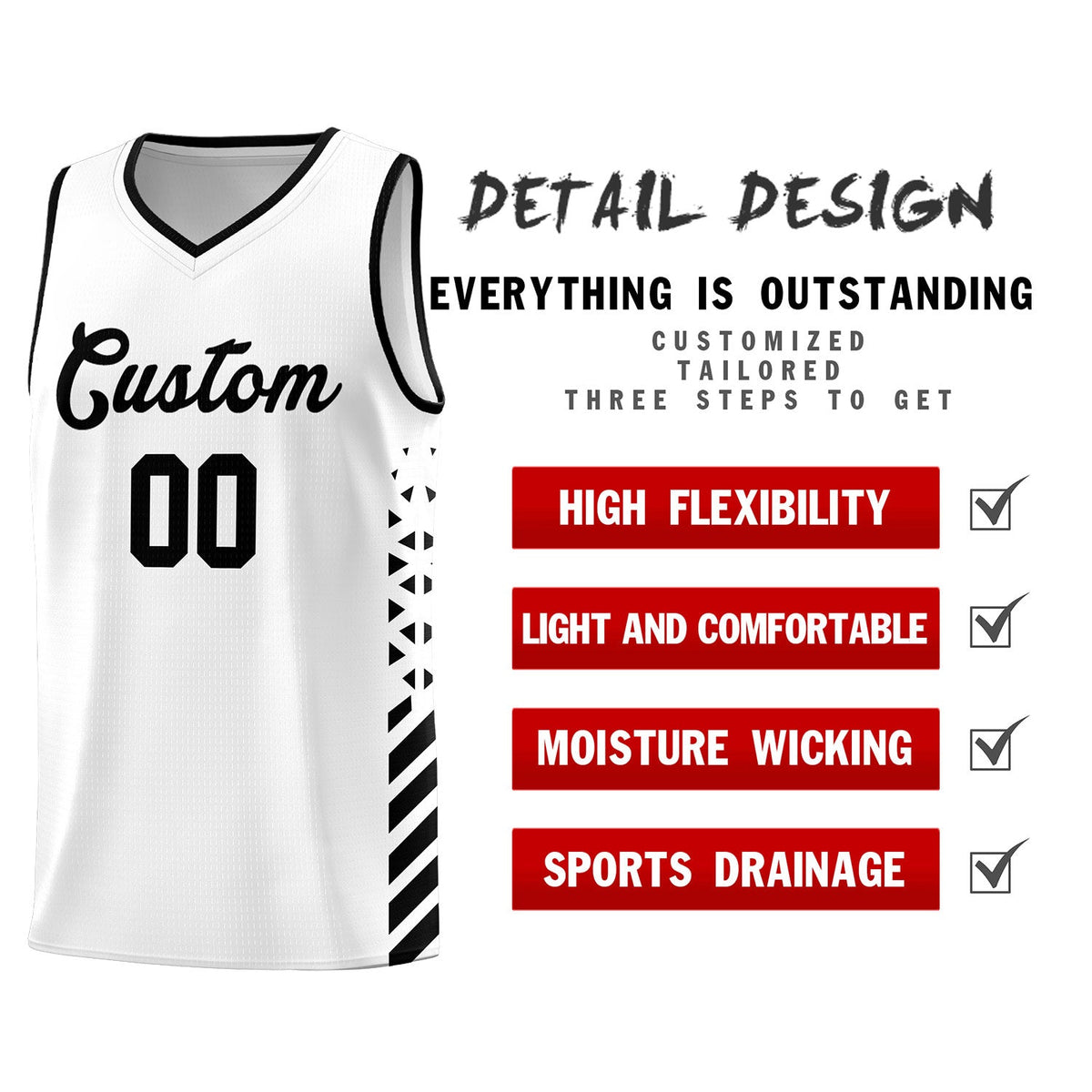 Custom White Black Side Diamond Shapes Stripes Basketball Jersey | For Men,Sublimation Printed,Perfect for Teams,Perfect for Coaches | KXKSHOP