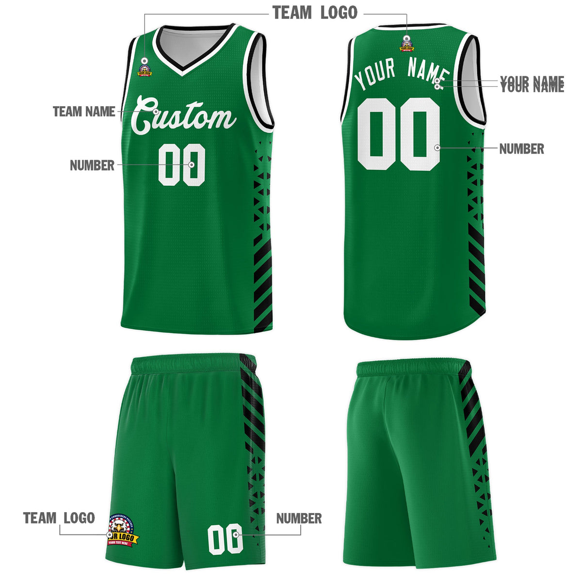 Custom Kelly Green Black White Side Diamond Shapes Stripes Basketball Jersey | For Men,Sublimation Printed,Perfect for Teams,Perfect for Coaches | KXKSHOP