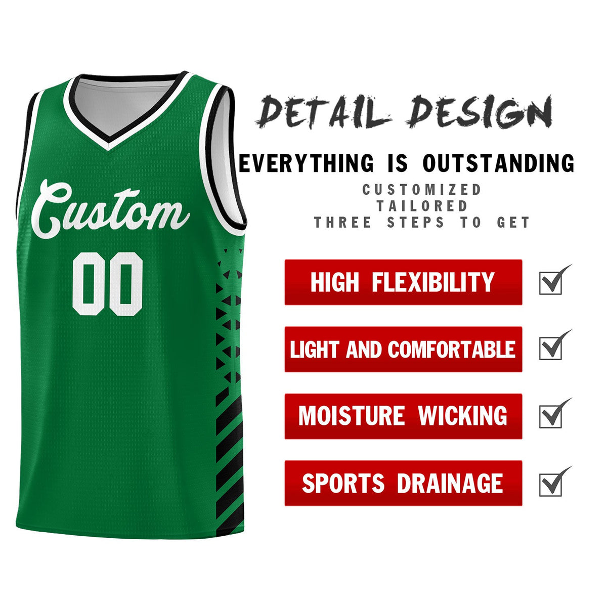 Custom Kelly Green Black White Side Diamond Shapes Stripes Basketball Jersey | For Men,Sublimation Printed,Perfect for Teams,Perfect for Coaches | KXKSHOP