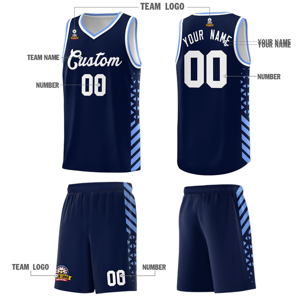Custom Navy Light Blue White Side Diamond Shapes Stripes Basketball Jersey | For Men,Sublimation Printed,Perfect for Teams,Perfect for Coaches | KXKSHOP
