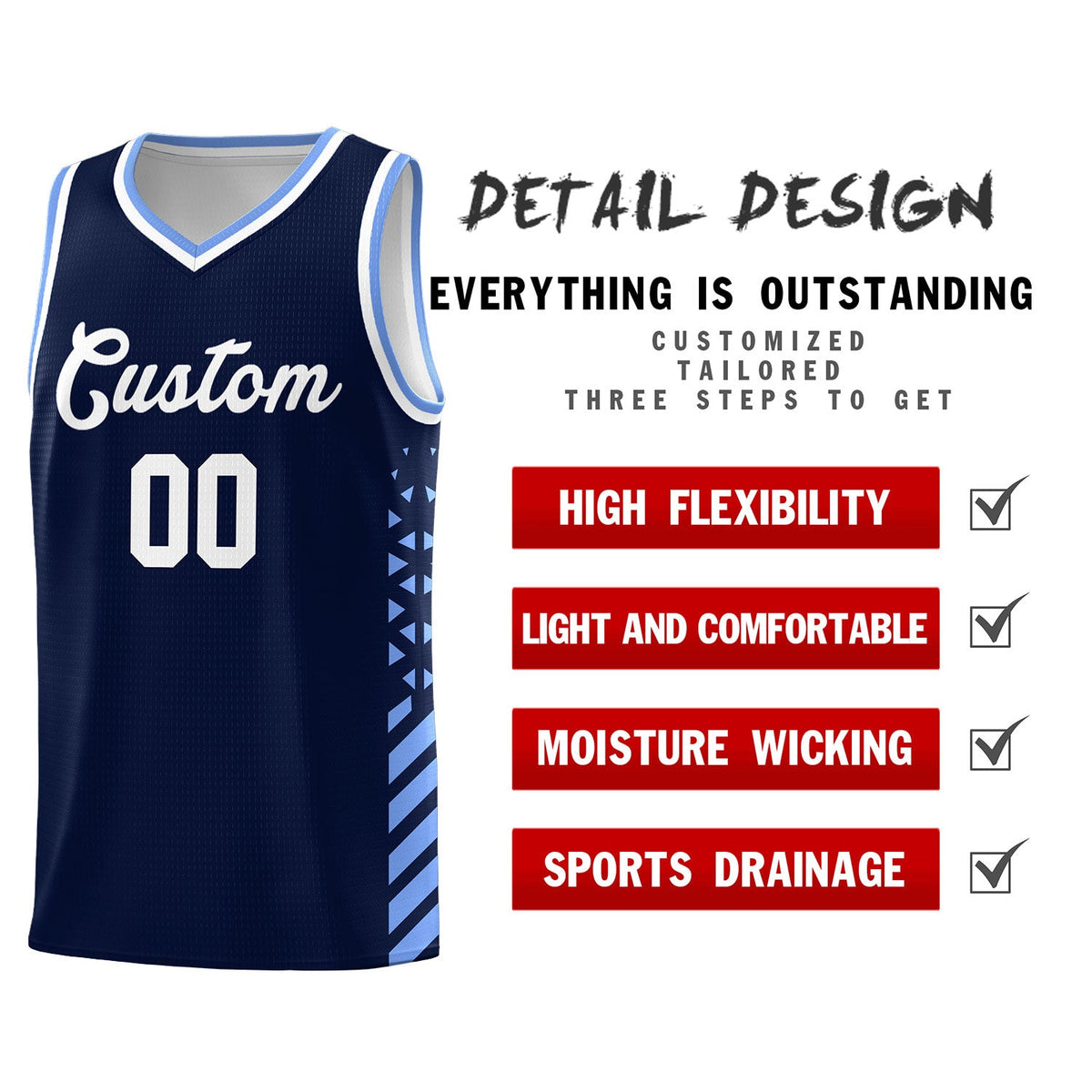 Custom Navy Light Blue White Side Diamond Shapes Stripes Basketball Jersey | For Men,Sublimation Printed,Perfect for Teams,Perfect for Coaches | KXKSHOP