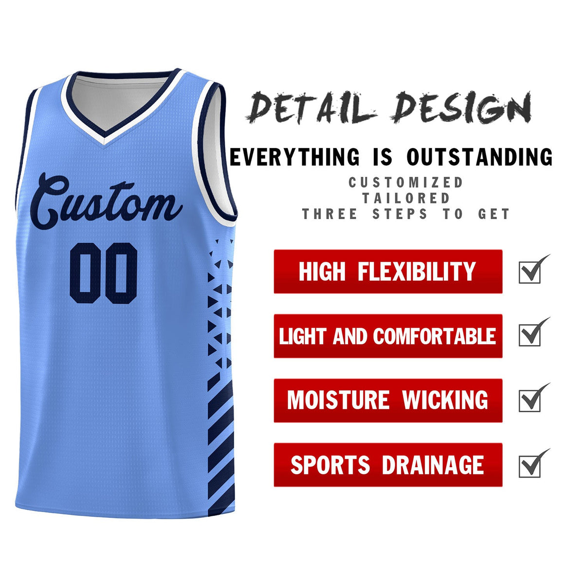 Custom Light Blue Navy White Side Diamond Shapes Stripes Basketball Jersey | For Men,Sublimation Printed,Perfect for Teams,Perfect for Coaches | KXKSHOP
