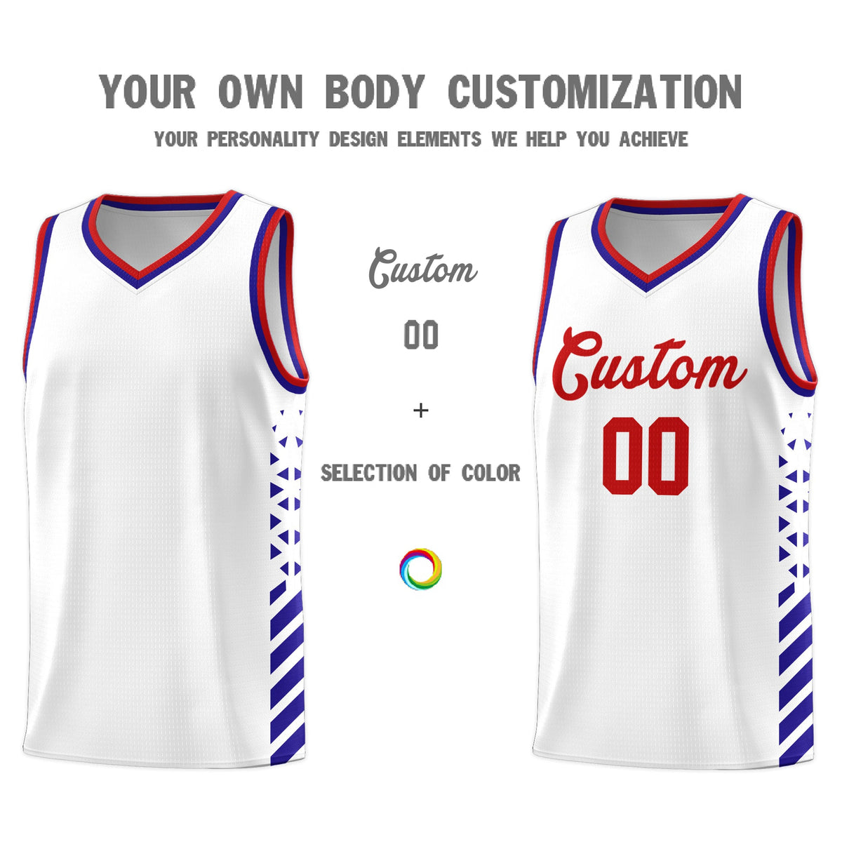 Custom White Royal Blue Red Side Diamond Shapes Stripes Basketball Jersey | For Men,Sublimation Printed,Perfect for Teams,Perfect for Coaches | KXKSHOP
