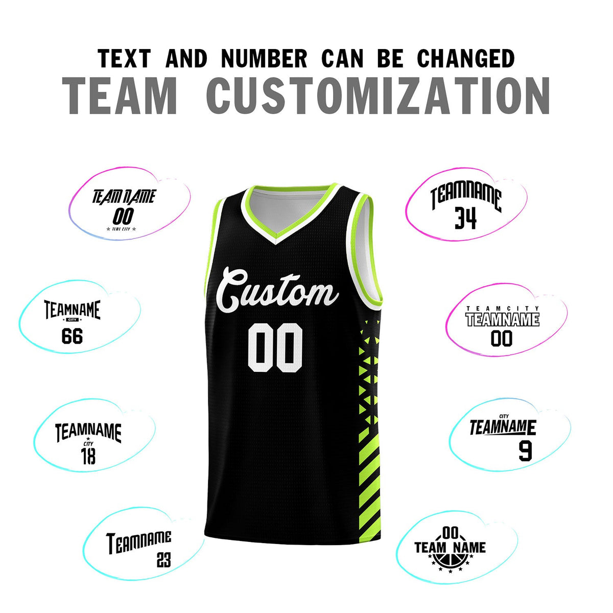 Custom Black Neon Green White Side Diamond Shapes Stripes Basketball Jersey | For Men,Sublimation Printed,Perfect for Teams,Perfect for Coaches | KXKSHOP