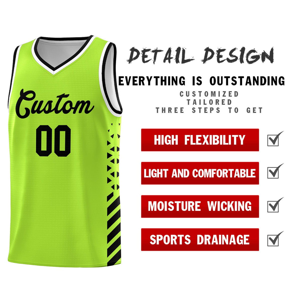 Custom Neon Green Black White Side Diamond Shapes Stripes Basketball Jersey | For Men,Sublimation Printed,Perfect for Teams,Perfect for Coaches | KXKSHOP