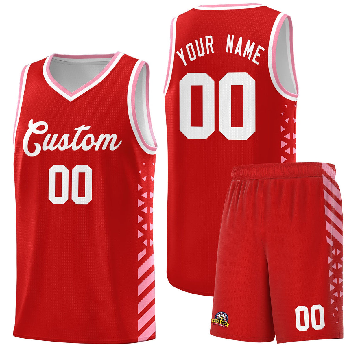 Custom Red Light Pink White Side Diamond Shapes Stripes Basketball Jersey | For Men,Sublimation Printed,Perfect for Teams,Perfect for Coaches | KXKSHOP