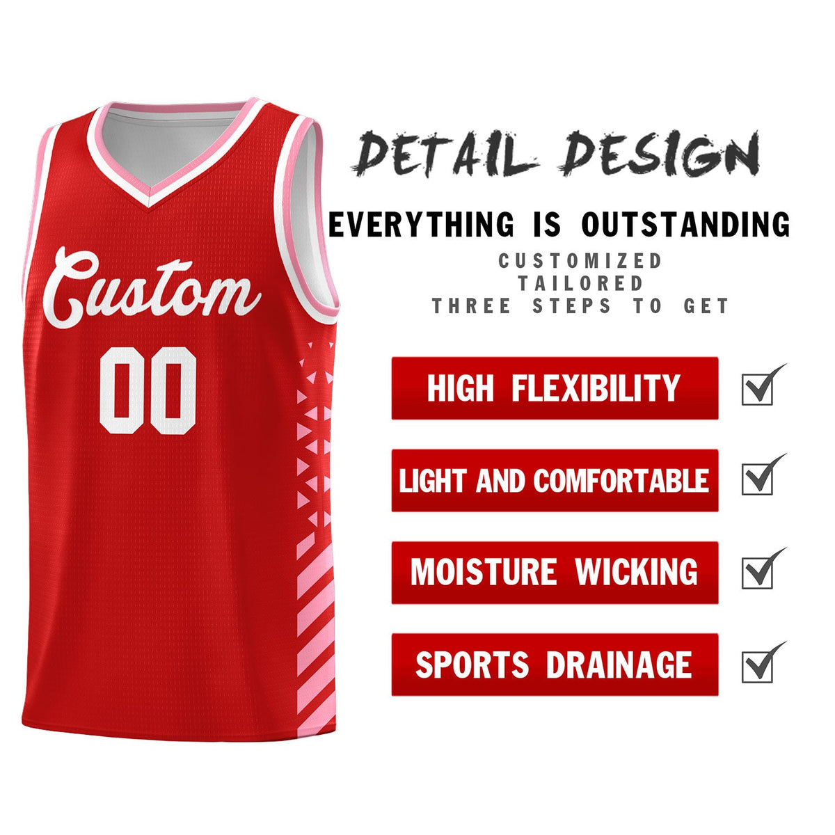Custom Red Light Pink White Side Diamond Shapes Stripes Basketball Jersey | For Men,Sublimation Printed,Perfect for Teams,Perfect for Coaches | KXKSHOP