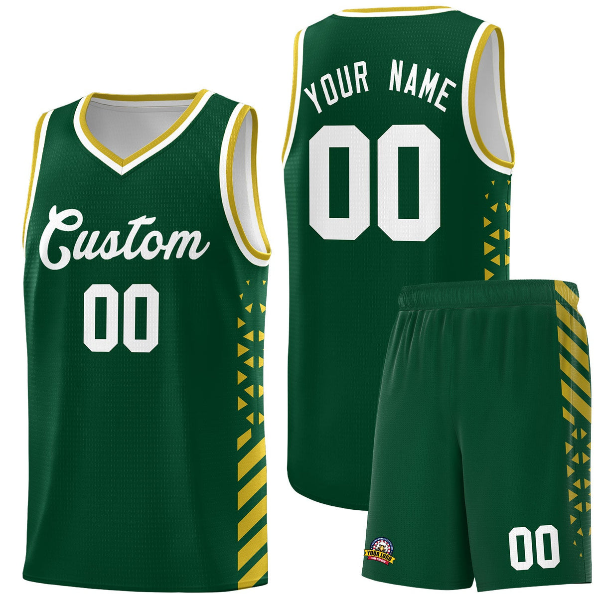 Custom Hunter Green Old Gold White Side Diamond Shapes Stripes Basketball Jersey | For Men,Sublimation Printed,Perfect for Teams,Perfect for Coaches | KXKSHOP