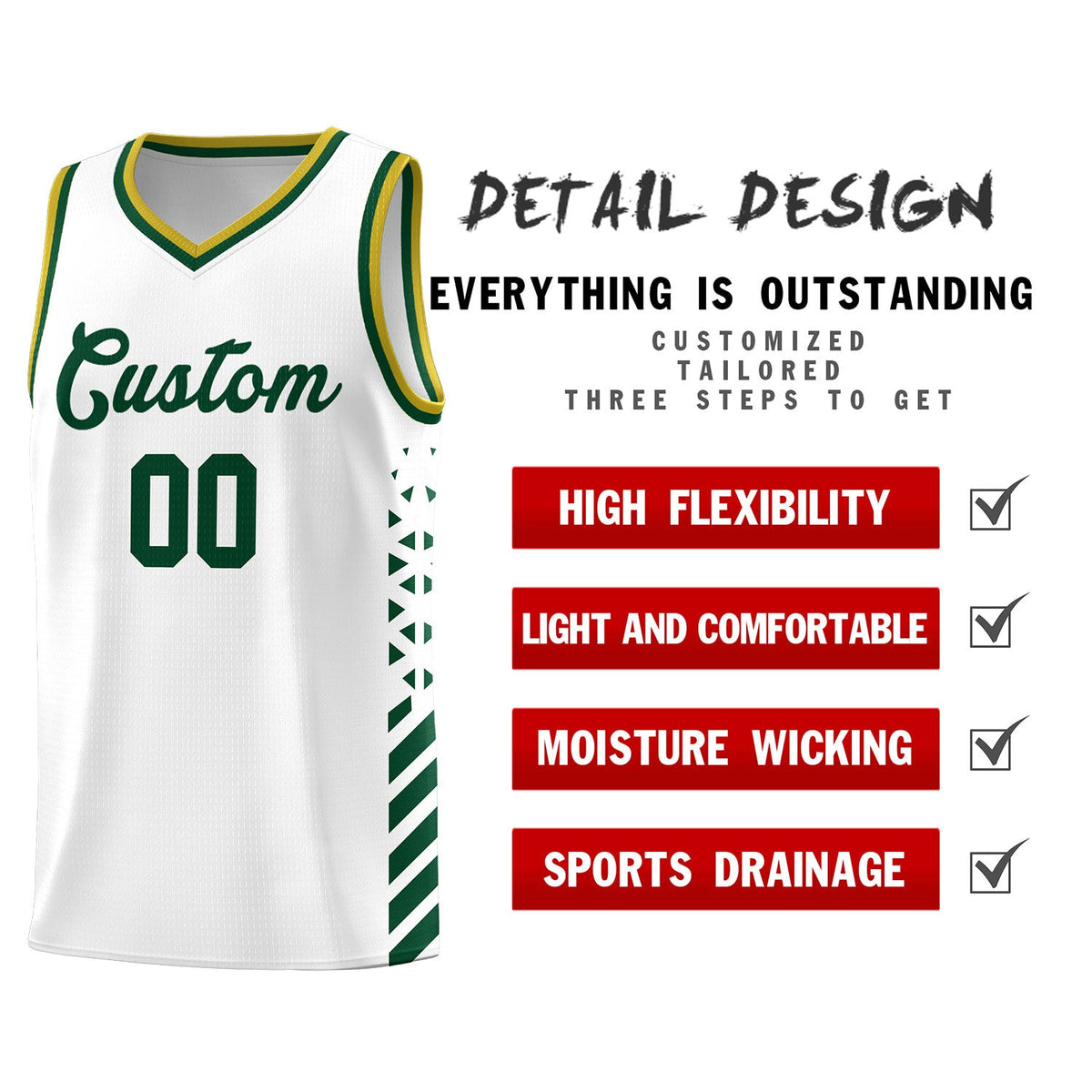 Custom White Hunter Green Old Gold Side Diamond Shapes Stripes Basketball Jersey | For Men,Sublimation Printed,Perfect for Teams,Perfect for Coaches | KXKSHOP